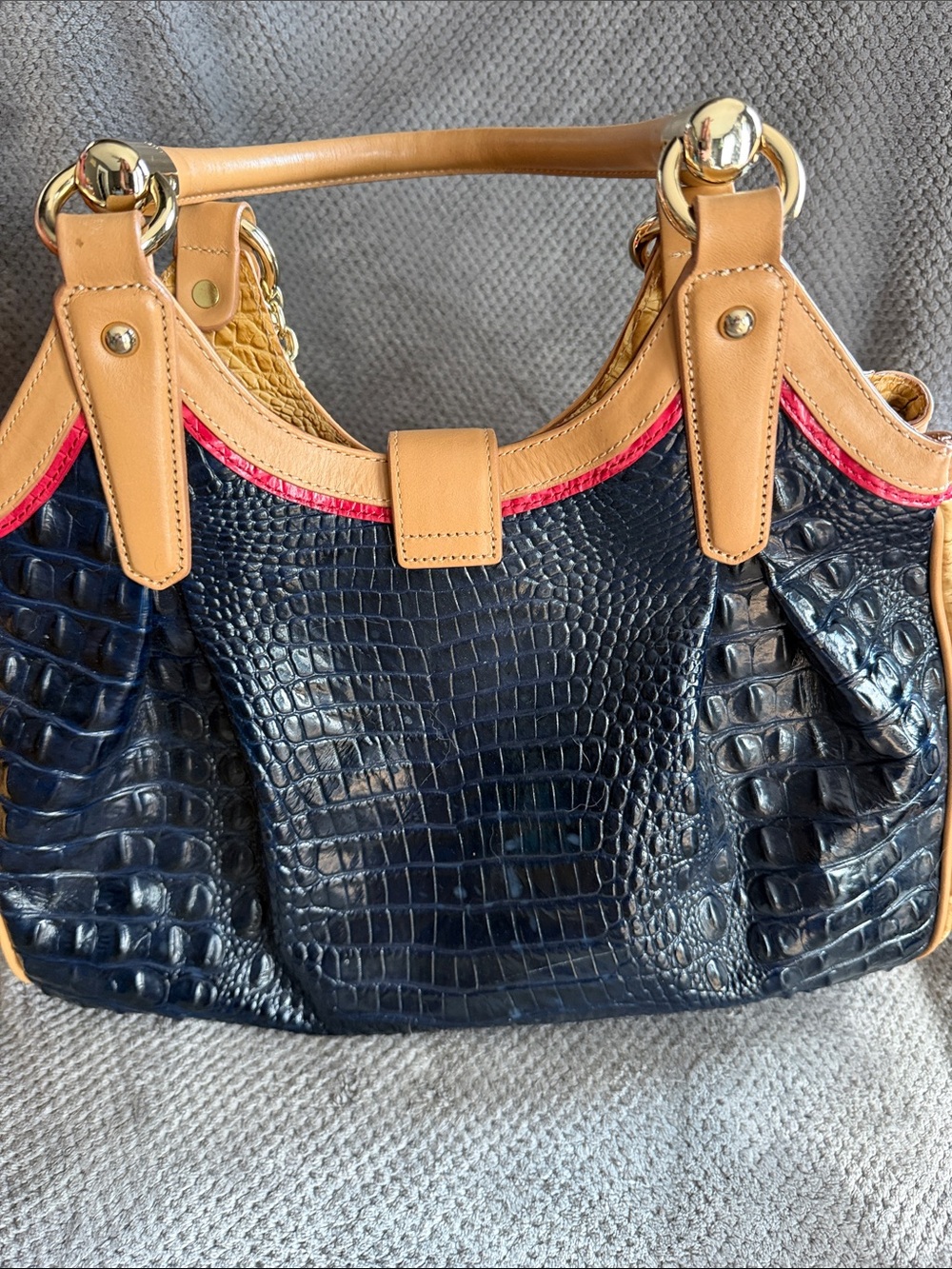 Brahmin Navy Croc-Embossed Tote with Tan Trim and Pink Accent - Picture 4 of 7